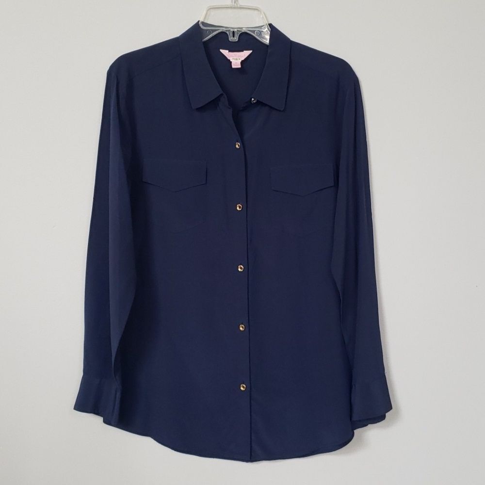 Lilly Pulitzer Shirt Womens M 100% Silk Navy Blue Button-Up Office Siren Career